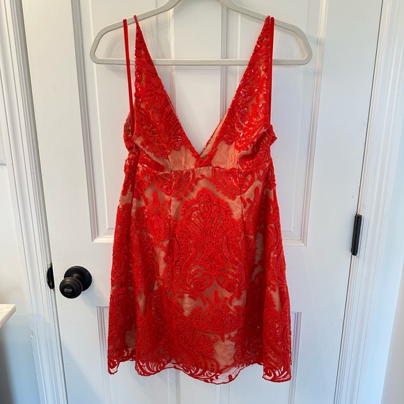 Free People Night Shimmers Red Lace Dress Size Medium - Picture 4 of 5